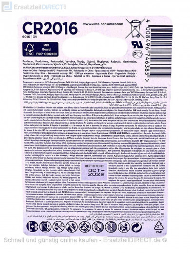 Varta Knopfzelle Lithium 3Volt 2x CR2016 Batterie